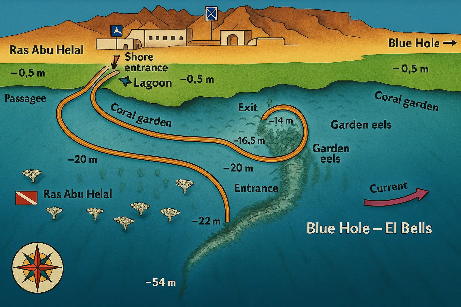 Plattegrond van duiklocatie The Canyon in Dahab